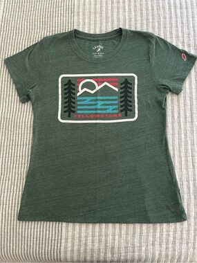 League Women's Forest Green Yellowstone Graphic Tee with Multicolor Print